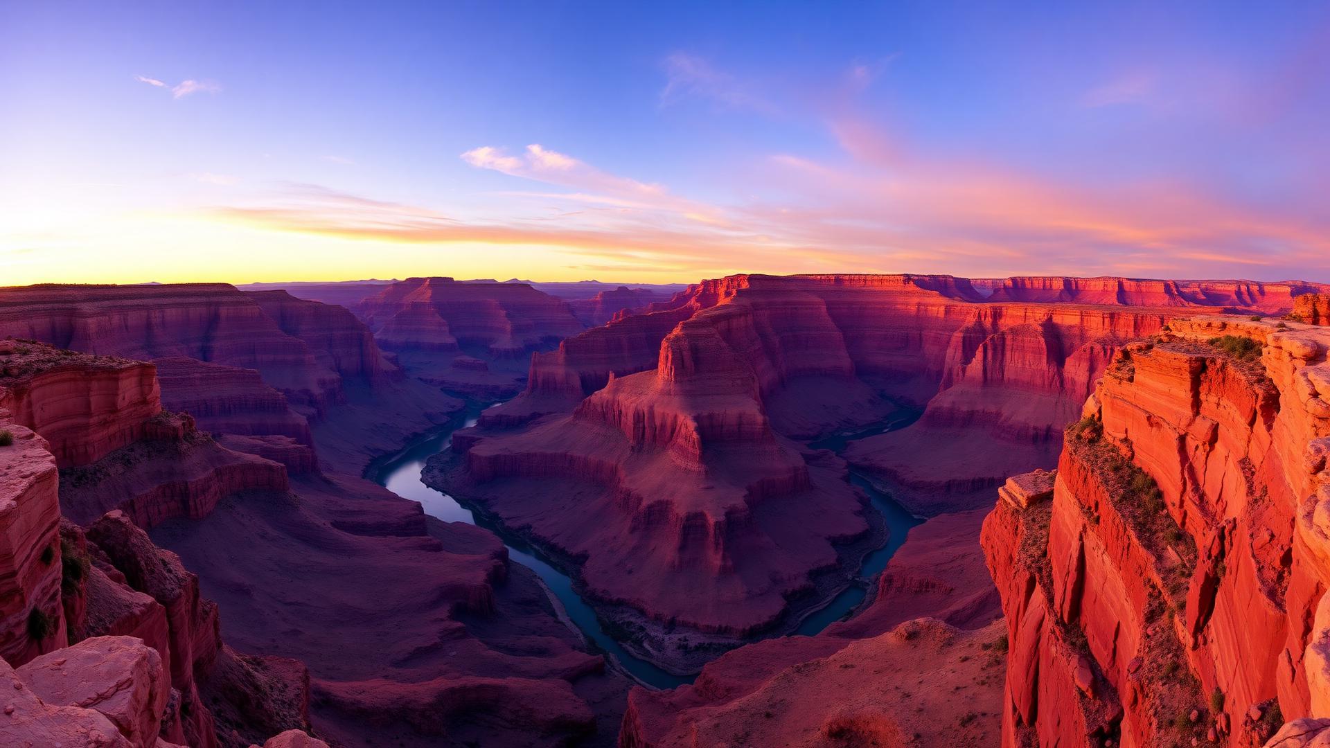 Vista panorámica del Gran Cañón del Colorado al atardecer con el río Colorado