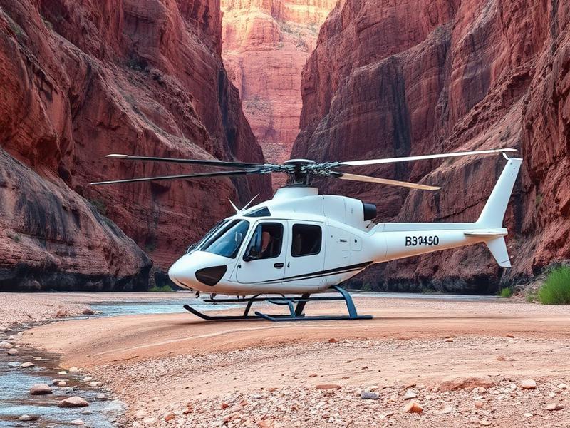 Helicóptero aterrizado en el fondo del Gran Cañón junto al río